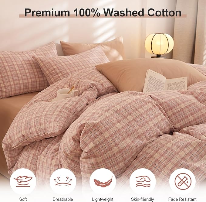 EAVD Pink Gingham Duvet Cover Full Soft Washed Cotton Reversible Grid Plaid Bedding Set with 2 Pillowcases Modern Checkered Grid Duvet Cover with Zipper Farmhouse Gingham Bedding Set for All-Season