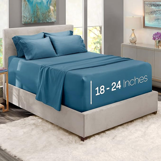 Hearth & Harbor Extra Deep Pocket Sheets - Fits Mattress 18-24 Inches Deep - Extra Deep Pocket Split King Size Sets - 7 Piece Split King Size - Blue Heaven