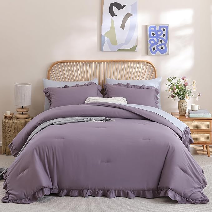 JANZAA Comforters Queen Size Grayish Purple Comforter Set Queen 3PCS(1 Ruffled Comforter Set and 2 Pillowcases) Shabby Chic Bedding Vintage Soft Fluffy Bed Set for All Season