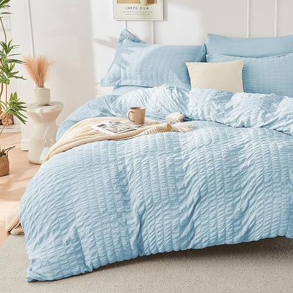 HYMOKEGE Lake Blue Duvet Cover Full Size, Ultra Soft 3-Piece Seersucker Duvet Cover Set with Zipper Closure, Soft Brushed Microfiber Bedding Set with 8 Corner Ties (80"x90", 2 Pillowshams)