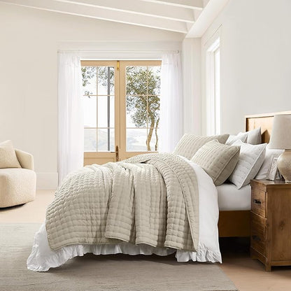 WDCOZY Beige Queen Size Quilts Bedding Sets with 2 Pillow Shams, Neutral Lightweight Soft Bedspread Coverlet, Quilted Blanket Thin Comforter Bed Cover for All Season, 3 Pieces, 90x90 inches