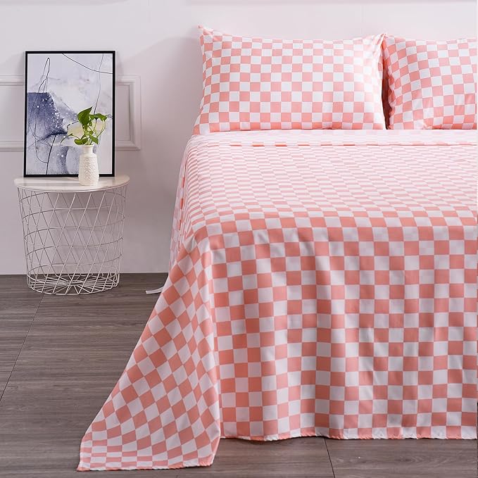 Queen Size Sheet Set 4 Piece -Microfiber Soft Durable Bedding Sheet Set,Deep Pocket,Stain,Fade & Wrinkle Resistant (Plaid Coral&White)