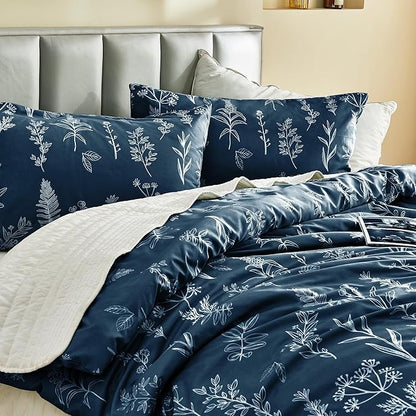 MUXHOMO Duvet Cover Full Size, Reversible Floral Navy Duvet Cover Set with Zipper Closure, 3 Pieces Botanical Patterns Soft Microfiber Bedding Set with 4 Ties (80"x90", 2 Pillow Cases)
