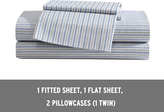 Eddie Bauer - Queen Sheets, Cotton Percale Bedding Set, Crisp & Cool Home Decor (Ticking Stripe Navy/Green, Queen)