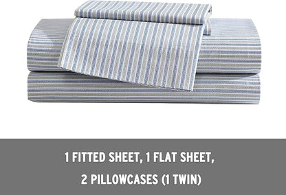 Eddie Bauer - King Sheets, Cotton Percale Bedding Set, Crisp & Cool Home Decor (Ticking Stripe Navy/Green, King)