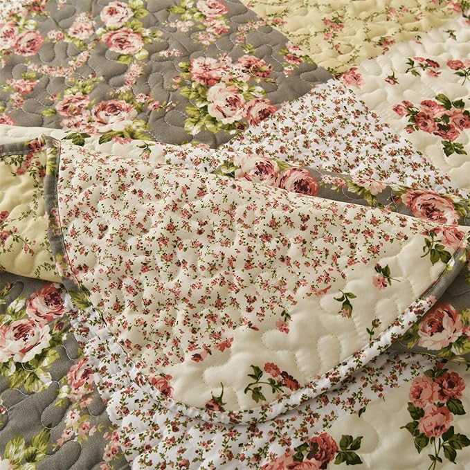 Summer Floral King Quilted Bedspread,Romantic Beige Quilt Set,Reversible Stitched Bedding Cover All Season,Soft Lightweight Coverlet with Pillow Cases (Ivory&Pink, King(102"x90"))