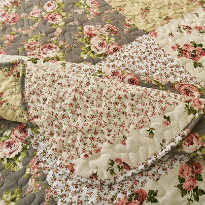 Summer Floral Queen Quilted Bedspread,Romantic Beige Quilt Set,Reversible Stitched Bedding Cover All Season,Soft Lightweight Coverlet with Pillow Cases (Lvory&Pink, Queen90 x90)
