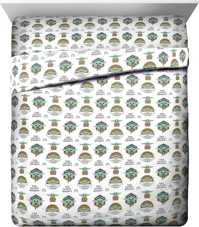 Jay Franco Kids Sheet Cartoon Set with Fitted, Flat Sheets & Pillow Cover - Ultra-Soft Bedding with Pillowcase for Room Decor, White - Mandalorian, 4 Piece Queen