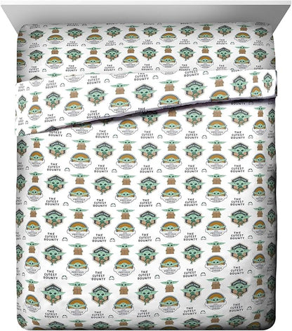 Jay Franco Kids Sheet Cartoon Set with Fitted, Flat Sheets & Pillow Cover - Ultra-Soft Bedding with Pillowcase for Room Decor, White - Mandalorian, 4 Piece Queen