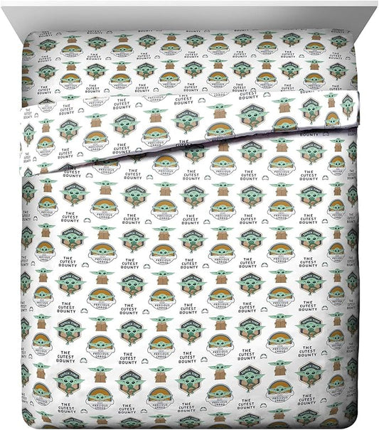 Jay Franco Kids Sheet Cartoon Set with Fitted, Flat Sheets & Pillow Cover - Ultra-Soft Bedding with Pillowcase for Room Decor, White - Mandalorian, 4 Piece Queen