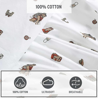 Eddie Bauer - Sheet Set, Luxurious Cotton Percale Bedding with Matching Pillowcase, Crisp & Cool, Fully Elasticized (Buddy Camping Allover White, Queen)