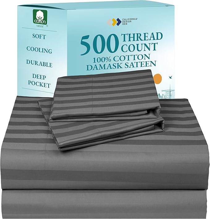 California Design Den - Luxury Full Sheets Sets Cotton Soft 100% Cotton Sheets Deep Pockets Snug Fit Elastic, 500 Thread Count Sateen, Damask Stripe Bed Sheets (Stripe - Grey)