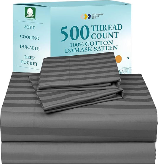 California Design Den - Cotton Sheets for King Size Bed Soft 100% Cotton Sheets Deep Pockets Snug Fit Elastic, 500 Thread Count Sateen, Damask Stripe Bedsheet Set (Grey)