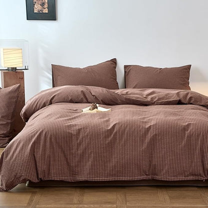 Gingham Full Size Bed Duvet Cover Brown Washed Cotton Comforter Cover Full Plaid Checkered Boho Zipper Duvet Cover Set with Corner Ties Farmhouse Dorm Bedding Set Caramel Duvet Protector