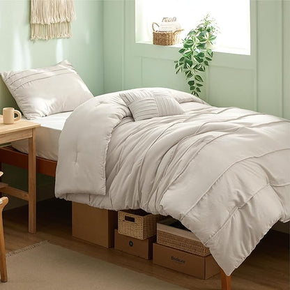 Bedsure Beige Twin XL Comforter Set - 3 Pieces Pinch Pleat Bed Set, Down Alternative Bedding Sets for All Season, 1 Comforter, 1 Pillowcase, 1 Decorative Pillow