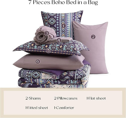 Geniospin King Size Comforter Set- 7 Pieces Boho Bed in a Bag, Western Bedding Set for All Seasons, Soft Aztec Bedding, Lightweight Comforter Bed Set with Sheets, Pillowcases & Shams