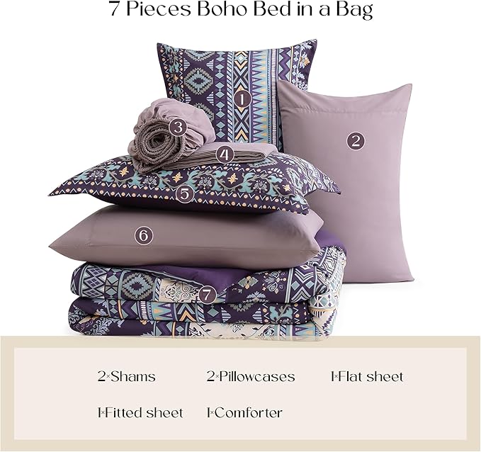 Geniospin Full Comforter Set - 7 Pieces Bed in a Bag, Comfortable Western Bedding Sets for All Seasons, Lightweight Soft Boho Comforter Bed Set with Sheets, Pillowcases & Shams