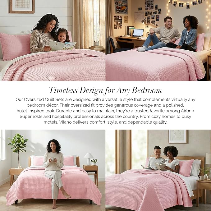 Southshore Fine Living, Inc. Stitched Pink Queen Quilt Bedding Set, Oversized Quilts Queen Size/Full, Pet Hair Resistant Bedding, Soft Cozy Bedspread, Full Size Coverlet, 2 Pillow Shams, Pastel Pink
