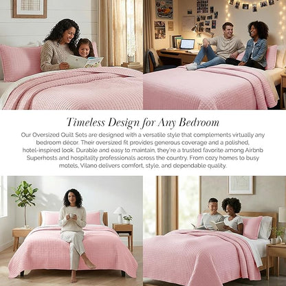 Southshore Fine Living, Inc. Stitched Pink Queen Quilt Bedding Set, Oversized Quilts Queen Size/Full, Pet Hair Resistant Bedding, Soft Cozy Bedspread, Full Size Coverlet, 2 Pillow Shams, Pastel Pink