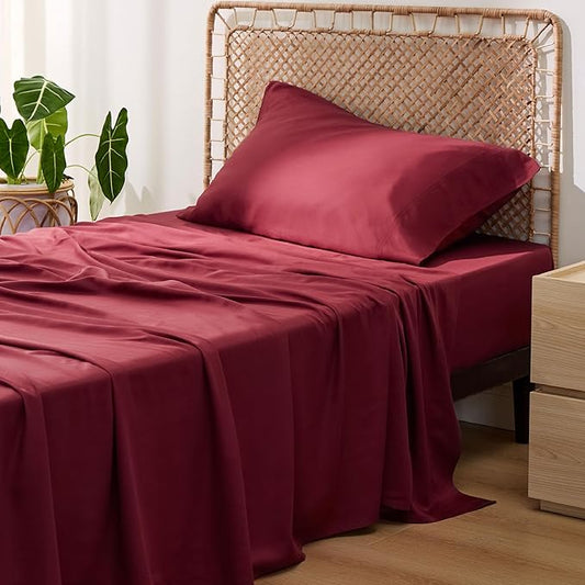 Bedsure Cooling Sheets Twin, Rayon Derived from Bamboo, PureWoven, Breathable & Soft Twin Sheets Set, Deep Pocket Up to 16 Inches, Hotel Luxury Silky Bedding for Hot Sleepers, Burgundy
