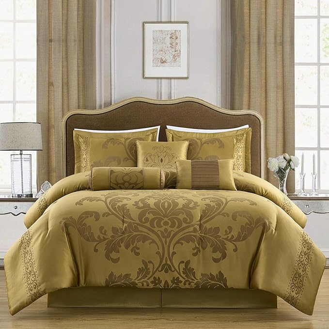 Chezmoi Collection 7-Piece Jacquard Floral Comforter Set (King, Gold)