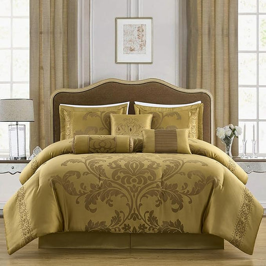Chezmoi Collection 7-Piece Jacquard Floral Comforter Set (King, Gold)