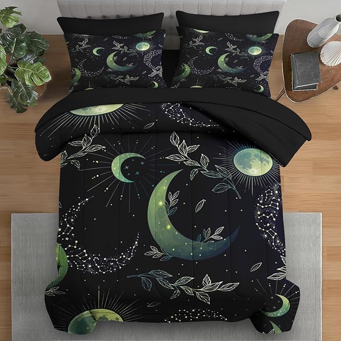 Comforter Set Queen Size, Green Boho Space 7 Pcs Bedding for Kids and Adults, Herbs Witch Floral Bed Sheet Sets with Fitted Sheet 2 Pillowcases & 2 Shams for Bedroom Bed Decor