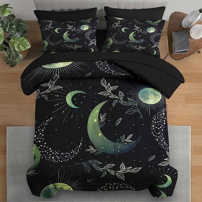 Comforter Set Queen Size, Green Boho Space 7 Pcs Bedding for Kids and Adults, Herbs Witch Floral Bed Sheet Sets with Fitted Sheet 2 Pillowcases & 2 Shams for Bedroom Bed Decor
