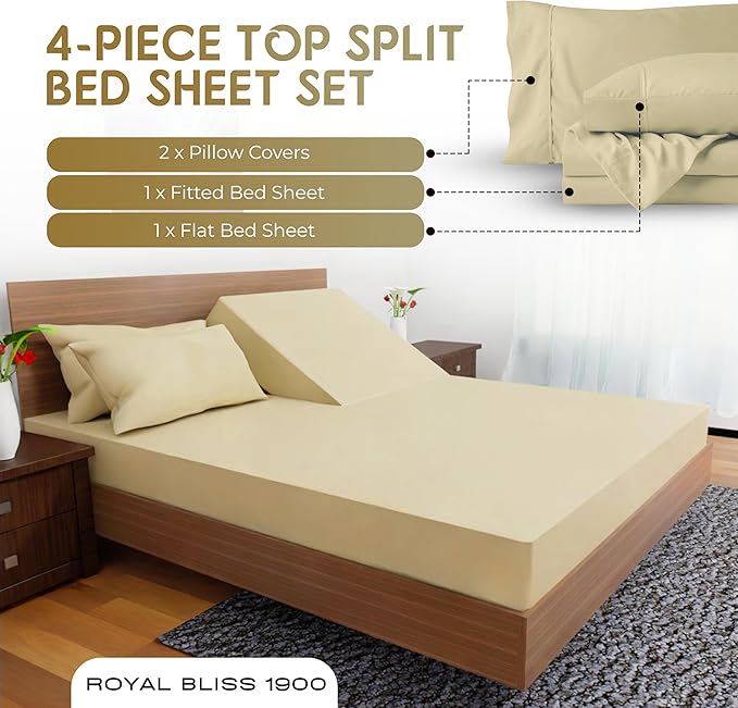 Split Top Queen Sheets for Adjustable Bed, 4-Pcs 36'' Flat, 1 Fitted Sheet & 2 Pillowcase – 16 Inch Deep Pocket, Egyptian Quality Wrinkle-Free Top Split Queen Sheets Set (Tan)