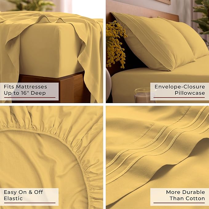 Mellanni King Sheet Set - 6-Piece Iconic Collection Bedding, (Including 4 Pillowcases), 16-Inch Deep Pocket, Easy Care, Extra Soft, Cooling Sheets, Brushed Microfiber - Yellow