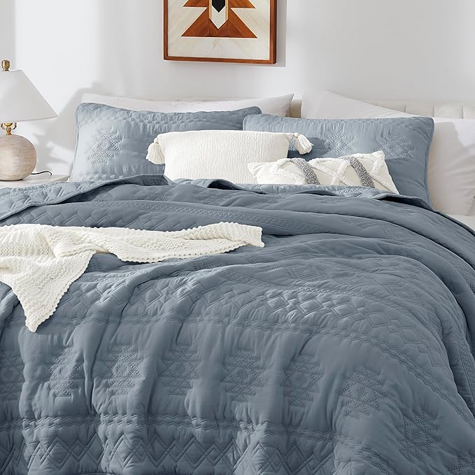 WDCOZY Boho Blue Grey Twin Quit Size Bedding Sets with 1 Pillow Sham, Farmhouse Lightweight Soft Bedspread Coverlet for All Season, 2 Pieces, 68x90 inches