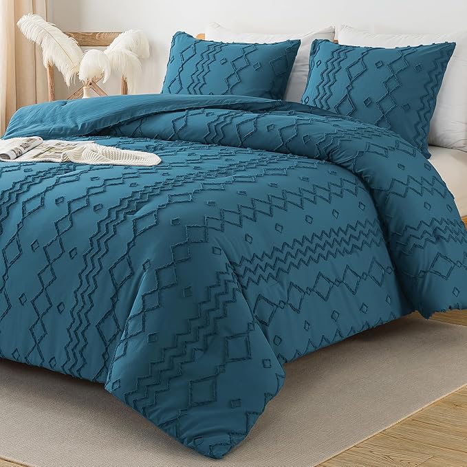 Andency Teal Tufted Comforter Set Full(79x90Inch), 3 Pieces(1 Boho Comforter, 2 Pillowcases) Textured Farmhouse Bed Set, Soft Microfiber Down Alternative Geometric Bedding