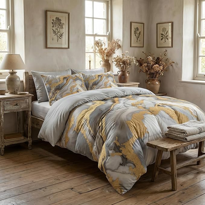 Abstract Marble Print Comforter Set Twin Size, 2 Pieces Modern Abstract Bedding Set with 1 Pillowcase for All Seasons(Gilrs Kids Boys),68"x86"