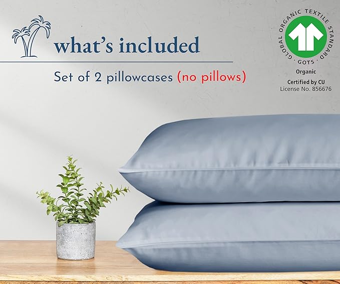 California Design Den 100% Organic Cotton Standard/Queen Pillow Cases 2, Soft Percale Weave Cotton Pillowcases (Blue Hydrangea)