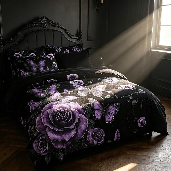 Vintage Floral Comforter Set Queen Size, Black Black Red Floral Bedding Set for Gothic Bedroom Decor, 3 Pieces Soft Microfiber Lightweight Comforter Set with 2 Pillowcases, 90"x90"