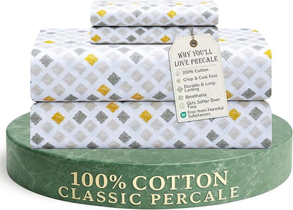 Feather & Stitch Softest 100% Cotton Sheets, 300 Thread Count Percale Weave Bedding, 16" Deep Pocket, Cooling Sheets, Breathable Bed Set, Hotel Premium Quality (Full, Yellow Diamond)