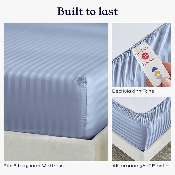 California Design Den Bed Sheets Twin Size, Soft 100% Cotton Sheets Deep Pockets Elastic, 500 Thread Count Sateen, Damask Stripe Bedding Sheets Twin Sheets (Light Blue - Striped)