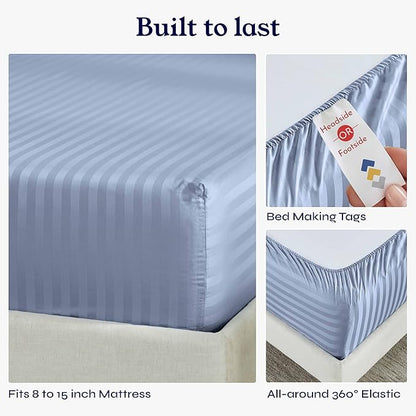 California Design Den Bed Sheets Twin Size, Soft 100% Cotton Sheets Deep Pockets Elastic, 500 Thread Count Sateen, Damask Stripe Bedding Sheets Twin Sheets (Light Blue - Striped)