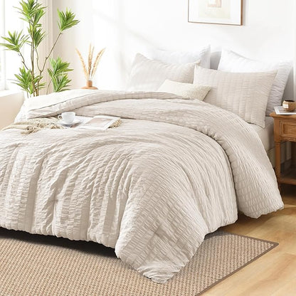 AveLom Beige Seersucker Full Comforter Set (80x90 inches), 3 Pieces-100% Soft Washed Microfiber Lightweight Comforter with 2 Pillowcases, All Season Down Alternative Comforter Set for Bedding