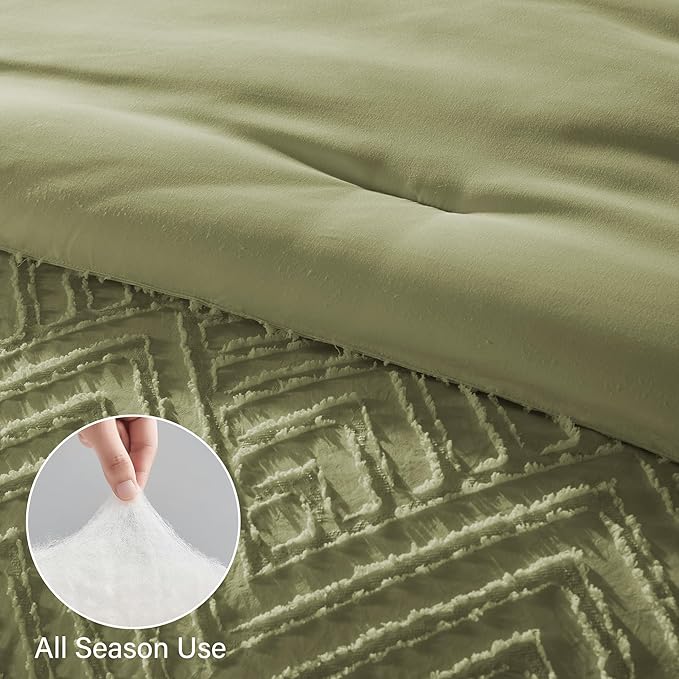 Zzlpp Full Comforter Set 7 Pieces, Army Green Tufted Bed in a Bag, All Season Boho Bedding With Comforter, 2 Pillow Shams, 2 Pillowcases, 1 Flat Sheet, 1 Fitted Sheet