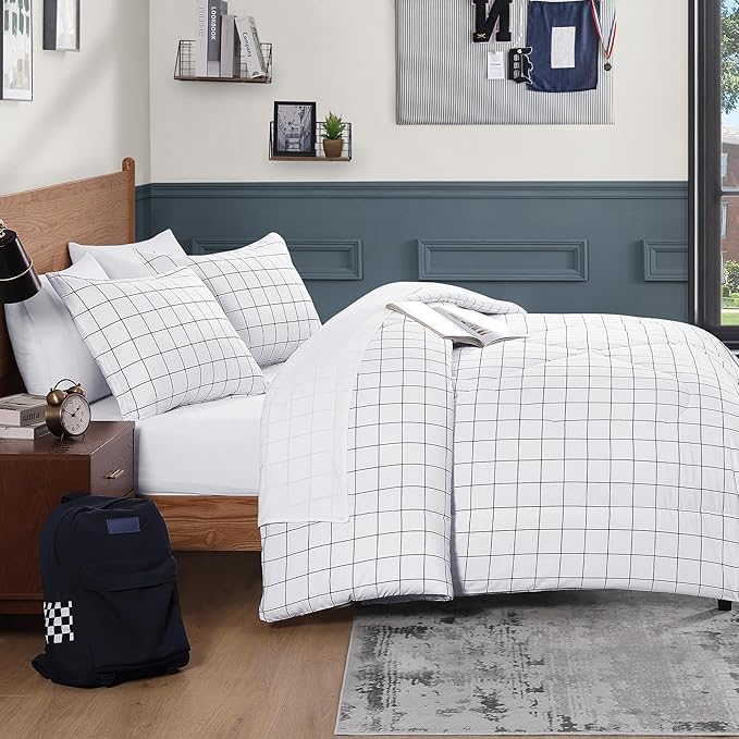 Andency White Grid Comforter Set Twin Size (66x90 Inch), 2 Pieces(1 Grid Comforter and 1 Pillowcase), Summer Lightweight Microfiber Down Alternative White Comforter with Black Lines for Kids Girls