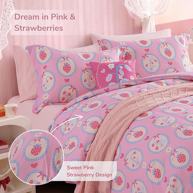 Full Size Comforter Set for Girls - 4 Pieces Pink Strawberry Full Bedding Sets for Kids,1 Comforter, 2 Shams and 1 Decor Pillow