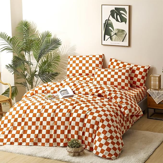 Houseri Burnt Orange Grid Comforter Set Full White and Rust Plaid Bedding Comforter Sets for Teen Girls Boys Terracotta Buffalo Plaid Comforter Full Rust Colored Gingham Comforter Bedding Full Size