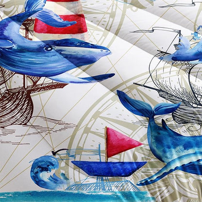 Nautical Whale Comforter Set King,Blue Whale Ocean Lighthouse 3 Pieces Bedding Set for Kids Boys Teens,Vintage Nautical Map Microfiber Lightweight Quilt Bedroom Decor with 2 Pillow Cases