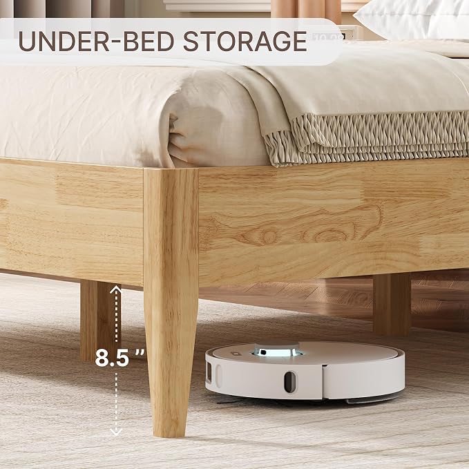 KISLOT Wood Bed Frame with USB & Type-C, Boucle Headboard, Cream, Queen | Platform Bed, Mattress Foundation, No Box Spring Needed, Easy Assembly