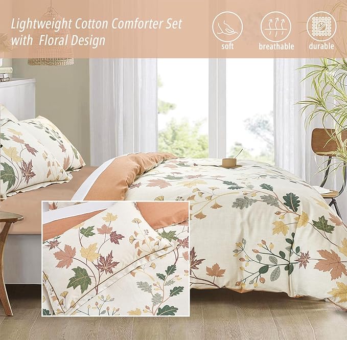 Botanical Cotton Comforter Queen Size - Luxurious Design with Maple Leaves and Branches on Beige, Textured Maple Orange Back, 3PC Lightweight Bedding Set with Ultra-Soft Alternative Fill