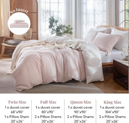MILDLY Pink Striped Duvet Cover - 100% Washed Cotton Jacquard Boho Textured Comforter Cover 3pcs with Corner Ties Zipper Closure 90"x90"