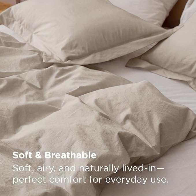 Bedsure 100% Washed Cotton Duvet Cover Oversized Queen - Oatmeal Minimalist Bedding Set Linen Like - PureWoven Plain Simple & Soft Comforter Cover for All Seasons,Oatmeal, Oversized Queen, 98"x98"