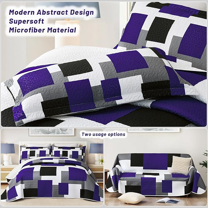3 Piece Dark Purple Grey Quilt Set King Size Black White Geometric Reversible Bedding Set Microfiber Lightweight Bedspread Coverlet with 2 Shams Modern Bed Covers for All Season, 106''x96''