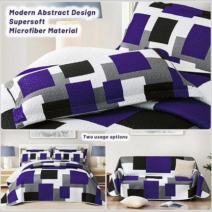 3 Piece Dark Purple Grey Quilt Set King Size Black White Geometric Reversible Bedding Set Microfiber Lightweight Bedspread Coverlet with 2 Shams Modern Bed Covers for All Season, 106''x96''